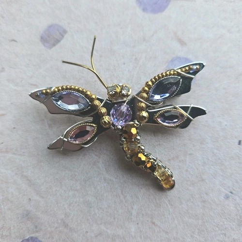 Liztech Dragonfly '13 Brooch Pin Signed Vintage Mixed Metal Rhinestone Insect - Afbeelding 2 van 9