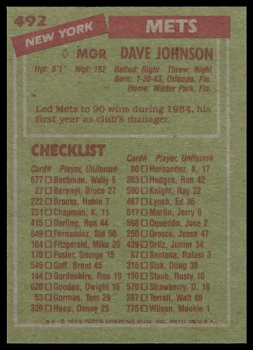 1985 Topps #492 Dave Johnson New York Mets NM+ - Bild 2 von 2