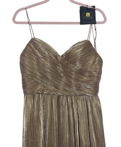 Abito vestito Ieena Mac Duggal taglia 8 oro metallizzato finto avvolgente spacco schiena aperta 26275 - Foto 6 di 14