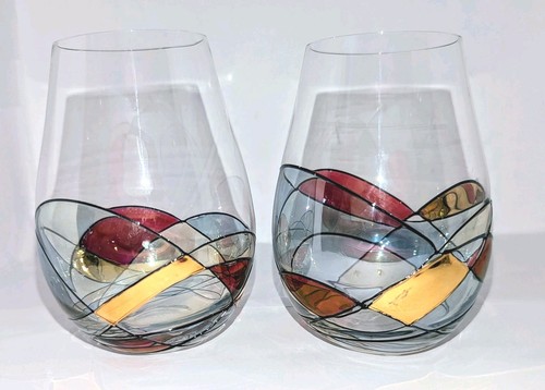 Cornet Barcelona Sagrada Mosaic Wine Glasses x2 Stemless Stained Glass Spain A+! - Picture 2 of 12