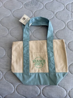 Trader Joe's Foldable Canvas Tote Bag Beige Blue Solid Reusable Shopping