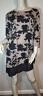 Susan Graver QVC # A310091 BLACK Print Pullover Asymmetric Tunic Med Sheer Hem