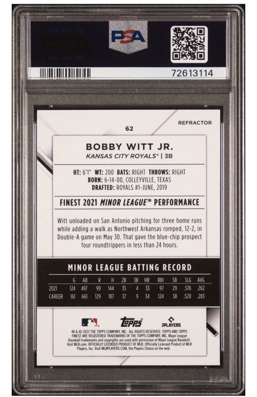 2022 Topps Finest - Bobby Witt Jr. #62 Refractor (RC) PSA 10!🔥 view 2