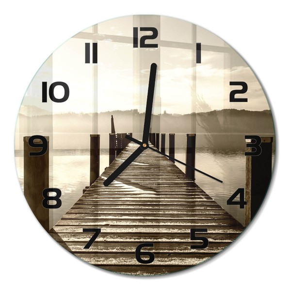 Dekorative Runde Wanduhr Aus GehäRtetem Glas Holzsteg Schwarze Zeiger Fi30 Cm-image