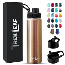 Trek Leaf 18/22oz Insulated Water Bottle 3 Lids: Spout, Straw, Flip Leakproof
