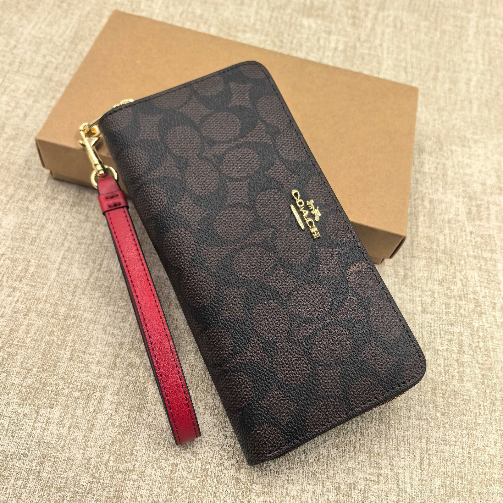 NWT Coach CW778 Long Zip Around Wallet in Signature Canvas Walnut and Bold Red