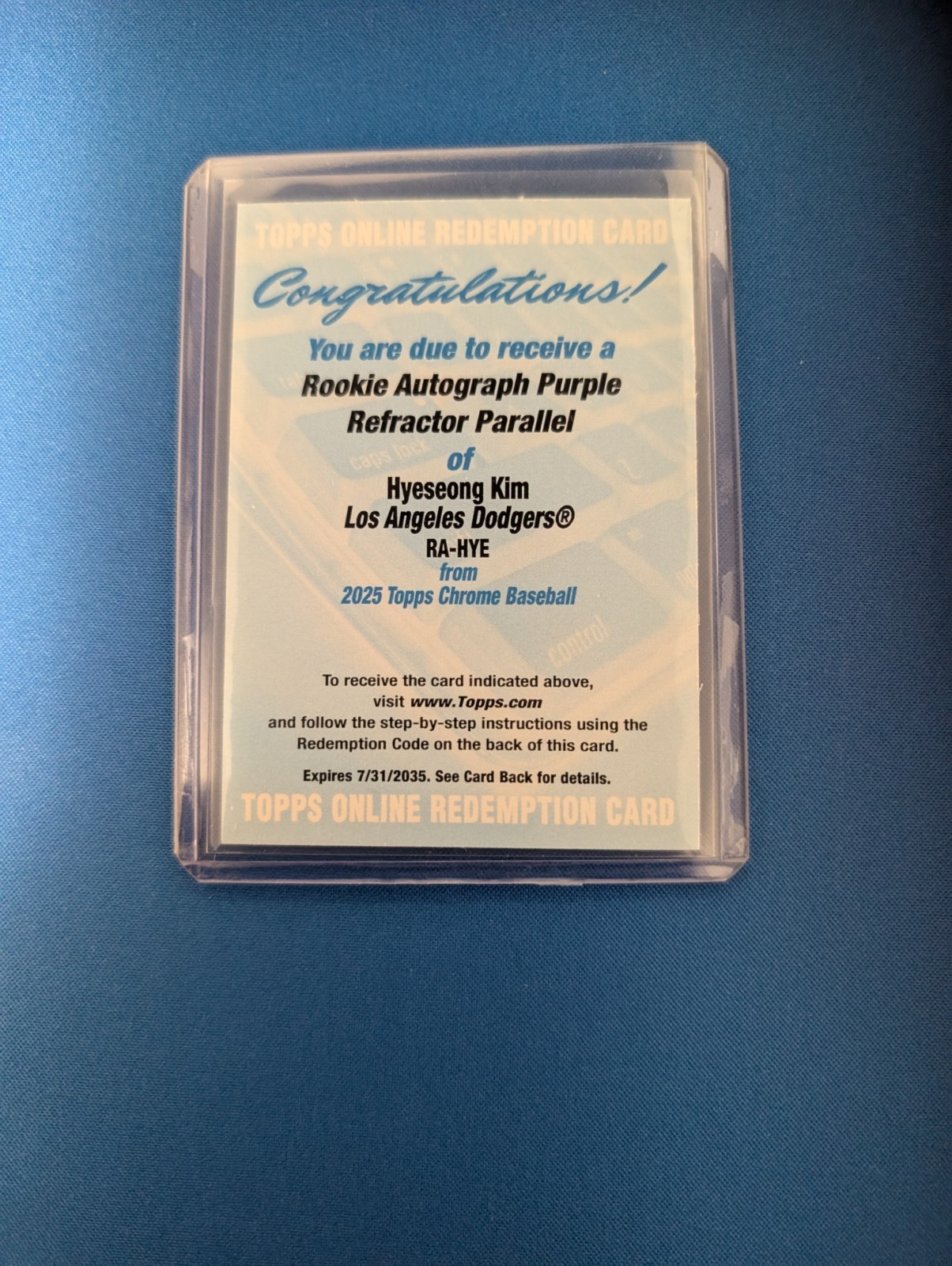 2025 Topps Chrome Hyeseong Kim Purple Refractor /250 Auto Redemption Rookie Card