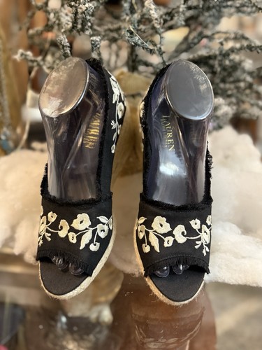 LAUREN RALPH LAUREN Womens CARMONDY EMBROIDERED FLOWERS Wedge SZ 7.5 Black - Bild 1 von 11