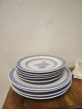vintage Tienshan Chinese Blue & White Rice Grain Chrysanthemum Flower Dinnerware