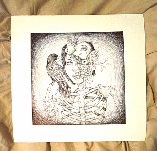 Ballpoint Pen Surreal Illustration on Paper - Woman Bird Skeleton, Matted