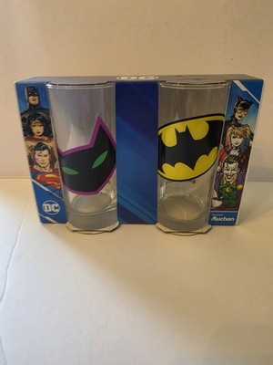 DC COMICS AUCHON SUPERHERO LOGO JUICE GLASS SET/2 BATMAN & CATWOMAN VILLAIN