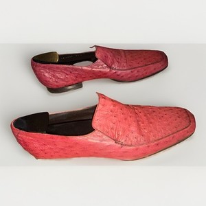 Gucci Men’s Red Ostrich Skin SlipOn Dress Loafers Square Toe Logo 8.5D authentic