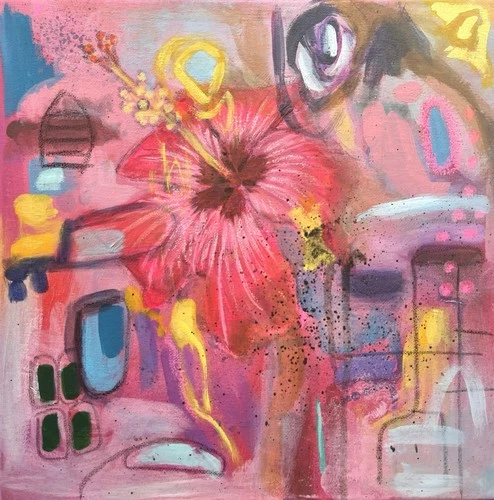Abstract Hibiscus Painting on Canvas - proceeds to Fogo Cape Verde bus accident