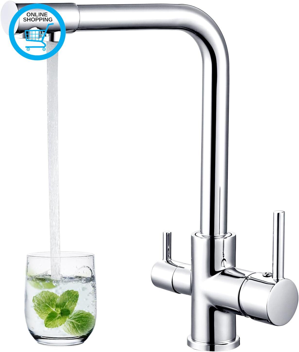 3 Way Kitchen Tap with Water Filter Chrome Brass Dual Lever 3 in 1 Filter Tap fo