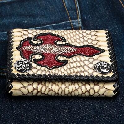 Genuine Cobra Skin Leather Red Stringray Cross Gothic Chain Biker Wallet Snap