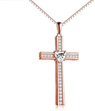 LOVELY Rose Gold Heart Cross Necklace for Women Cross Pendant CZ Chain Plated