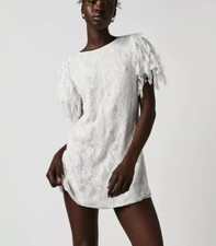 RRP $248 - Free People Songbird Lace Frill Sleeve Mini Dress, White, X-Large