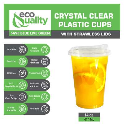 14oz Disposable Clear Plastic Smoothie Cups with Strawless Sip Lids, PET  Crystal | eBay
