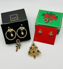 Vintage Avon Christmas Earrings And Pins - 1980  s-90  s Lot Of 4
