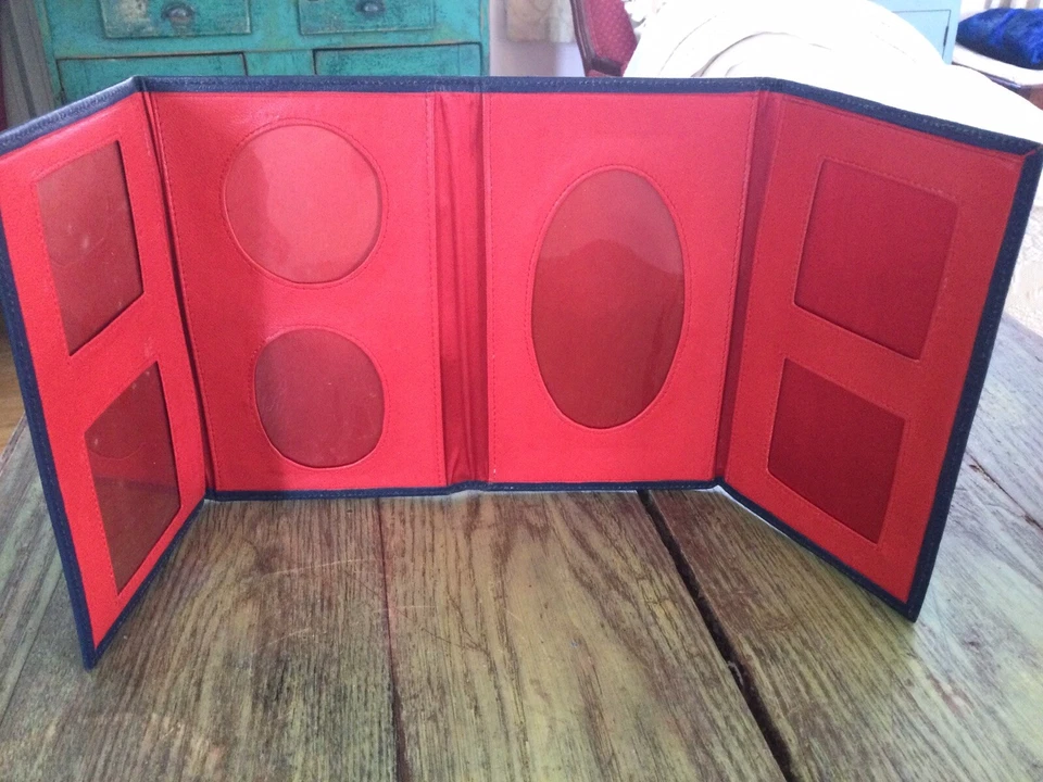 Estuche de álbum de fotos plegable de cuero azul marino/rojo vintage Foto 2 de 4