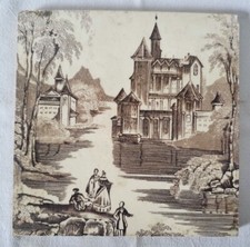 STRIKING WOODSWORTH LANDSCAPE SCENE 6 INCH ANTIQUE TILE, CIRCA 19TH CENTURY (D)