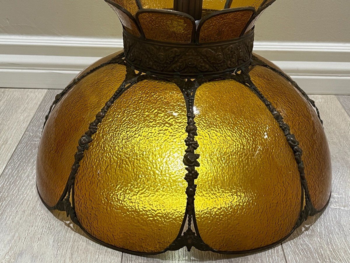 Vintage Gramercy Slag Glass Amber 8 Panels & Brass Hanging Lamp