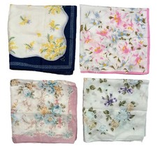 Lot of 4 Vintage Hankies White Floral Flowers Cotton Dainty Feminine
