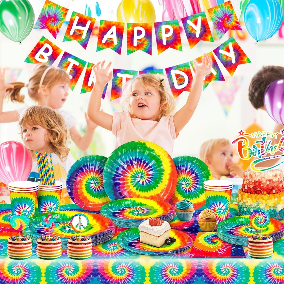 Tie Dye Cumpleaños Fiesta Decoración Arco Iris Fiesta Suministros Vajilla Globo Plato Foto 3 de 4