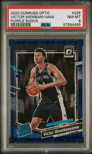 2023 DONRUSS OPTIC VICTOR WEMBANYAMA PURPLE SHOCK PRIZM SP SPURS #225 RC - PSA 8