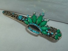 VINTAGE GREEN PLASTIC BLUE RHINESTONE CROWN METAL HAIR CLIP BARRETTE
