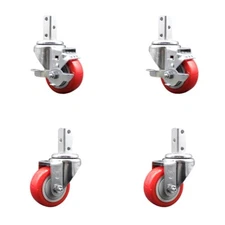 3 Inch Red Polyurethane Wheel Swivel 7/8 Inch Square Stem Caster Set 2 Brakes