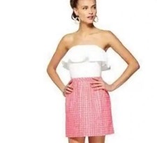 Lilly Pulitzer Athens Yummy Melon  Pink Gingham Strapless Dress Women's Size XS