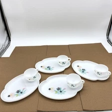 Vtg Federal Milk Glass Atomic Flower Patio Snack Set Plates Tea Cups 8pc MCM 50s