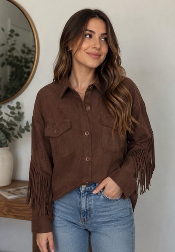 MAGNOLIAS BOUTIQUE.  Women's Brown Fringe Button-Front Shirt. SIZE. M