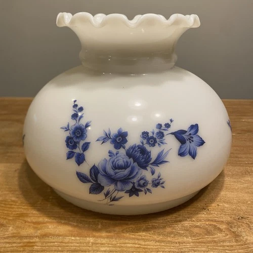 Hurricane Lamp Shade Blue Floral White Milk Glass 6.75” Fitter VTG