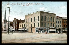 Postcard Lima's Busy Corner, at Market and Main Streets, Vintage View, OH