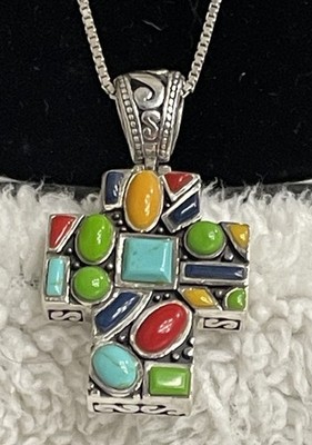 Striking TURQUOISE CORAL LAPIS CROSS Silver .925 Box Chain  29  NECKLACE 25gms