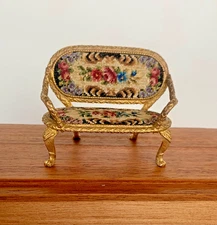 Vintage Dollhouse Miniature Schildkraut Petit Point & "Brass" Settee, 1970s