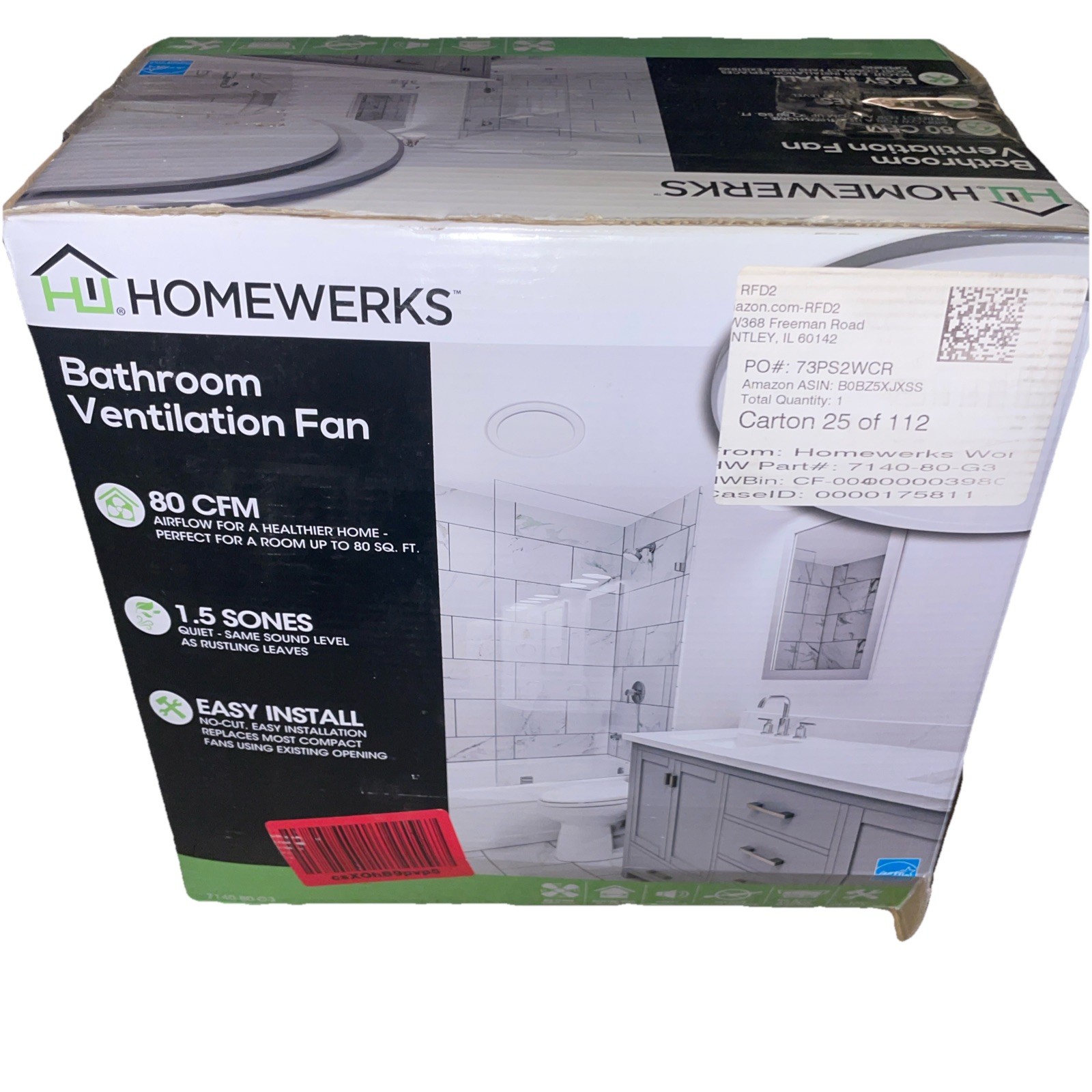 Homewerks Bathroom Ventilation Fan 80 CFM 1.5 Sones Open Box Complete