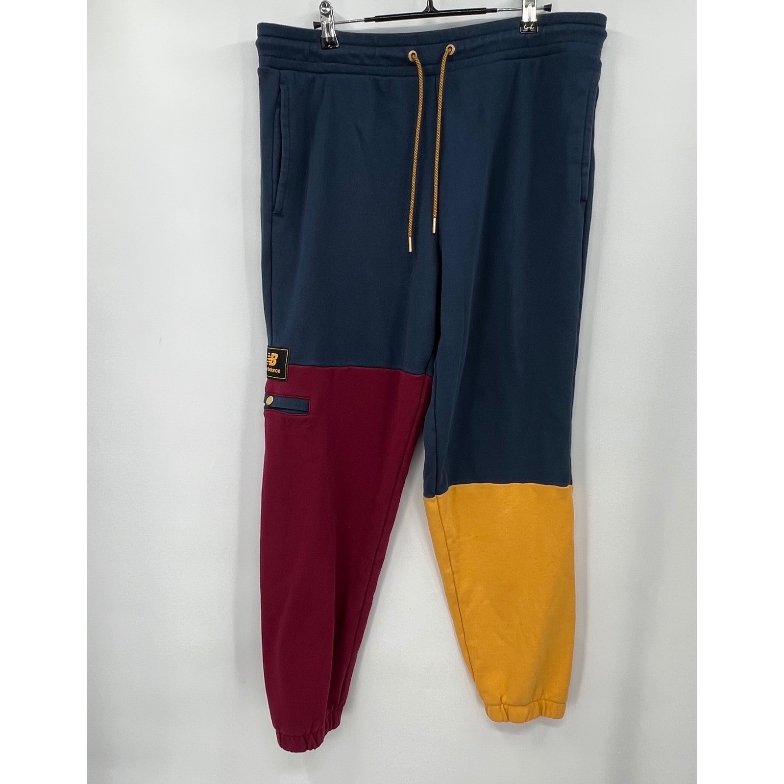 New Balance Mens Colorblock Joggers Navy Burgundy Gold Fleece Sweatpants Large