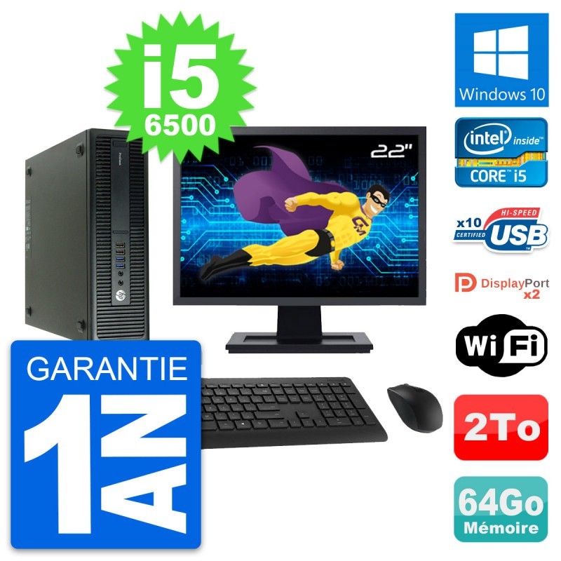 PC HP 600 G2 SFF Ecran 22" Intel i5-6500 RAM 64Go Disque Dur 2To Windows 10 Wifi