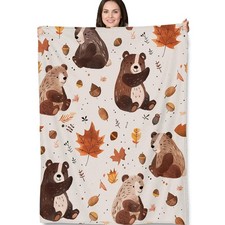 Bear Pattern Blanket Gifts, Cozy Autumn Bears with Leaves Fleece Throw, Soft ...