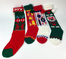 Lot Of 4 Acrylic Knit Christmas Stockings Reindeer Santa Pom Poms Vintage