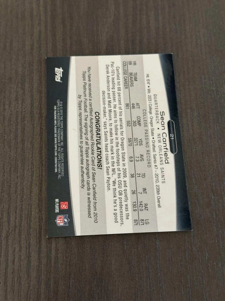 2010 Topps Platinum Refractor Rookie Autographs /1099 #21 SEAN CANFIELD Auto RC - Image 2 of 2