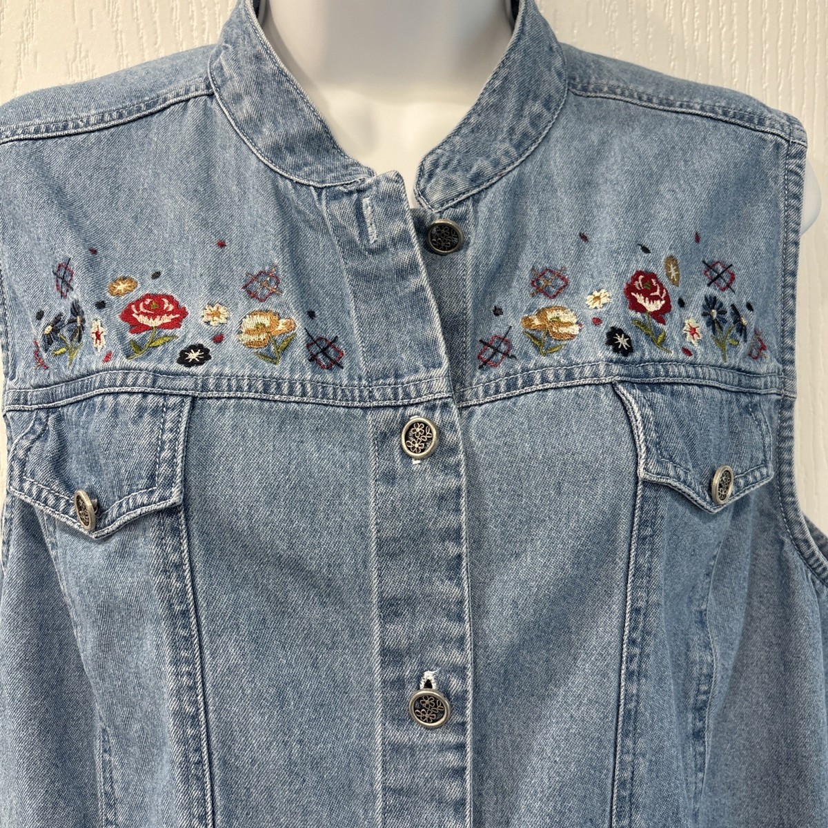 Gilet Sans Manches Denim Bobbie Brooks - Patchwork Brodé - Cottagecore - Femme Taille L