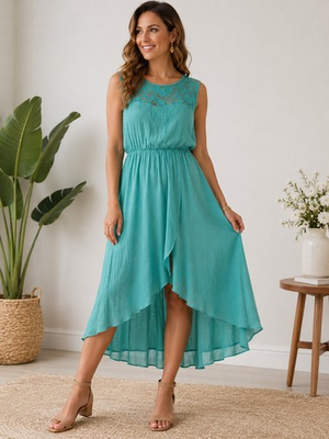 #ad Luxology NWT Aqua Teal XL Lace Overlay Dress Hi Low Hem Sleeveless Boho $20.00