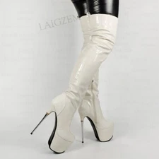Women Over Knee High Boots Leather Platform Metal Stiletto Heels Boots Shoes