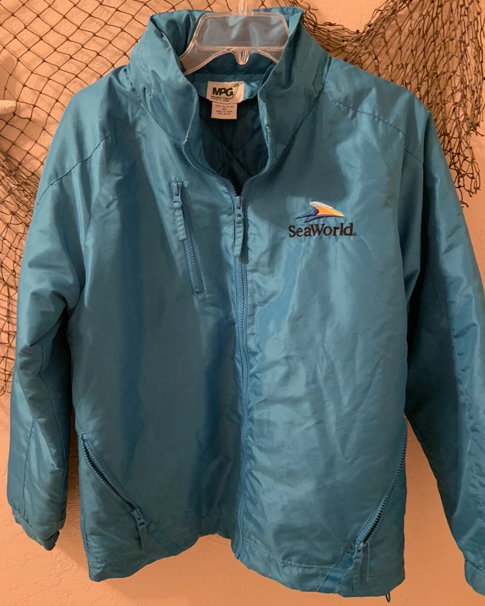Vintage Sea World Teal Mens XS Hide Away Hood Detachable Quilt Lined Jacket MPG