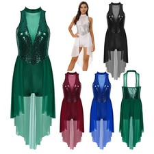 Womens Sequins Lyrical Dance Dress Mesh Flowy Skirt Ballet Dance Tank Leotard