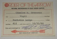 Boy Scout OA Membership Card Lodge 412 Buckskin 1984 New York    RC6